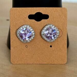 Lavender Cubic Zirconia Halo Stud Earrings Silver Secure Square Diamond Jewelry